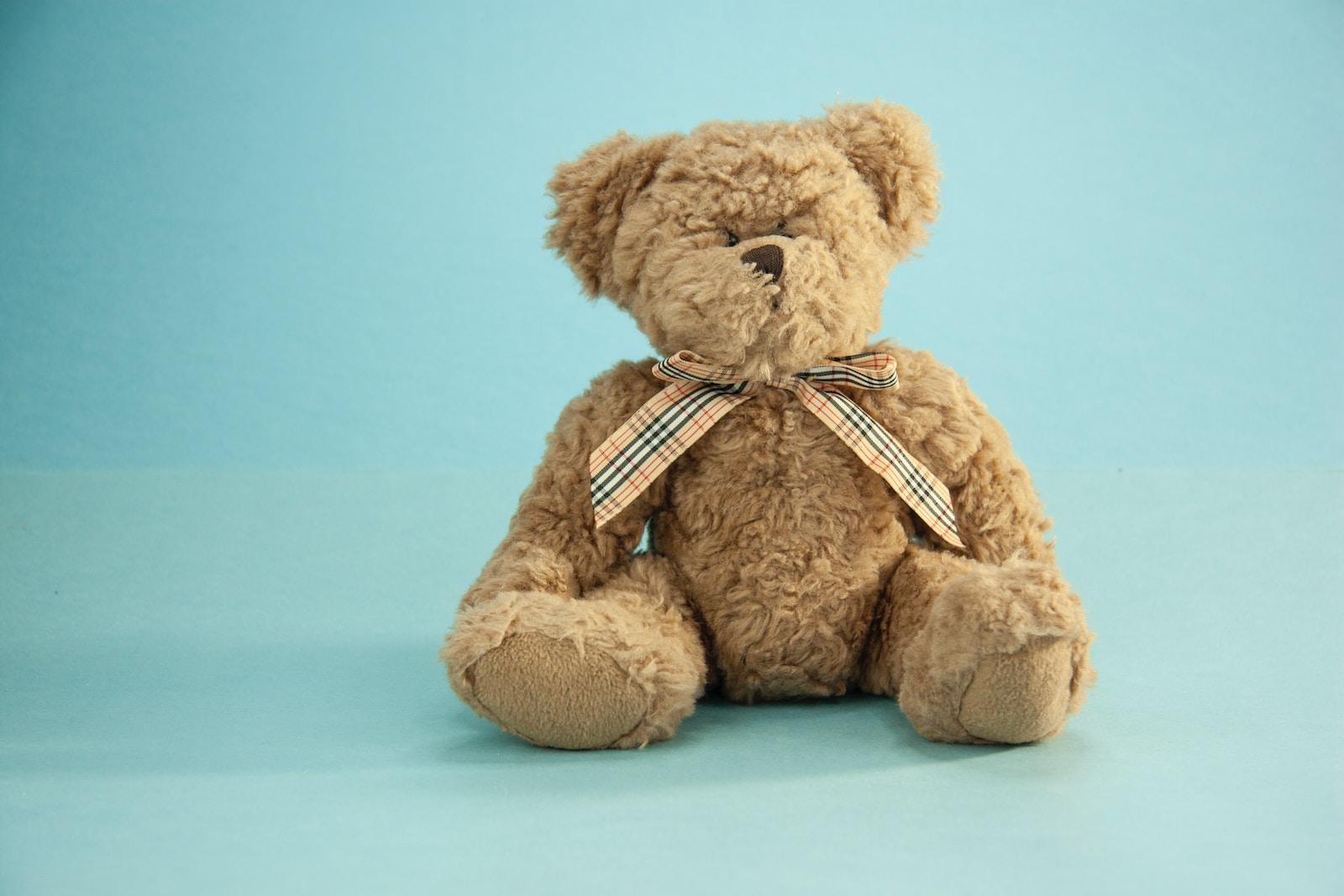 brown teddy bear on blue textile